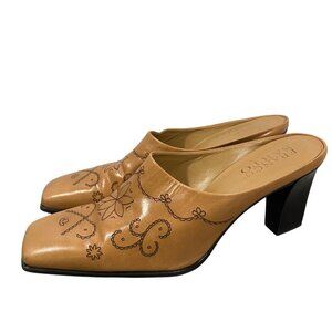 Franco Sarto Tan Leather Etched Slip-On Square Toe Block Heel Mules  Size 10